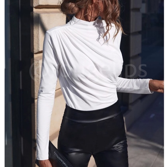 Rouge! Tops - Ruched Asymmetric White Long Sleeve Shirt Slim Fit Stretchy